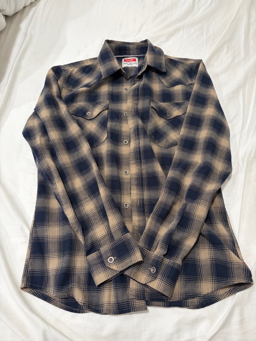 Wrangler Navy and Tan Plaid Long-Sleeve Button-Up Shirt